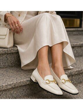 Saint G Cream Leather Horsebit Loafers EU 39 Womens Gold Bit Block Heel Italian